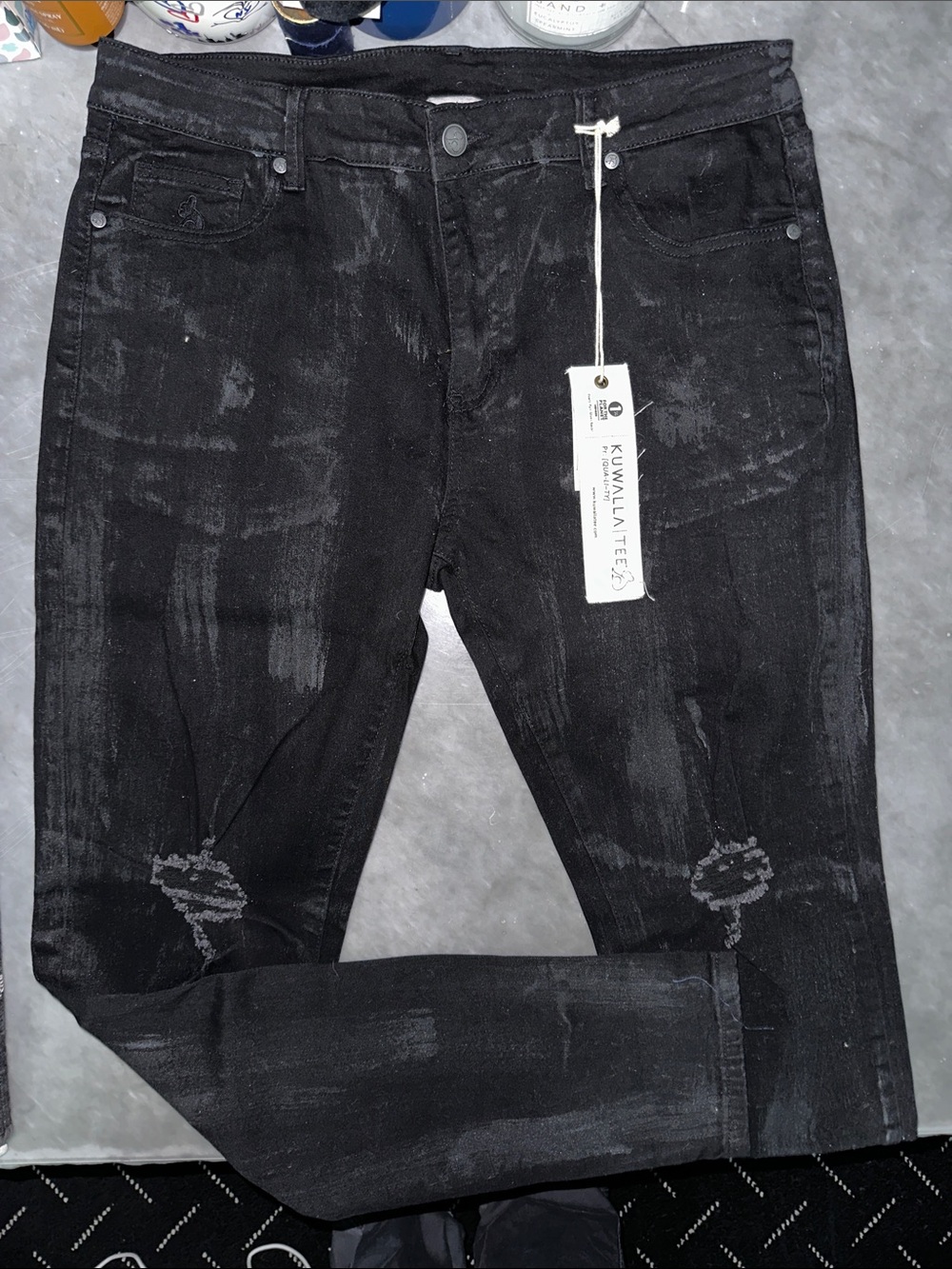Kuwallatee Slim Black Men’s Jeans with Distressed Detail